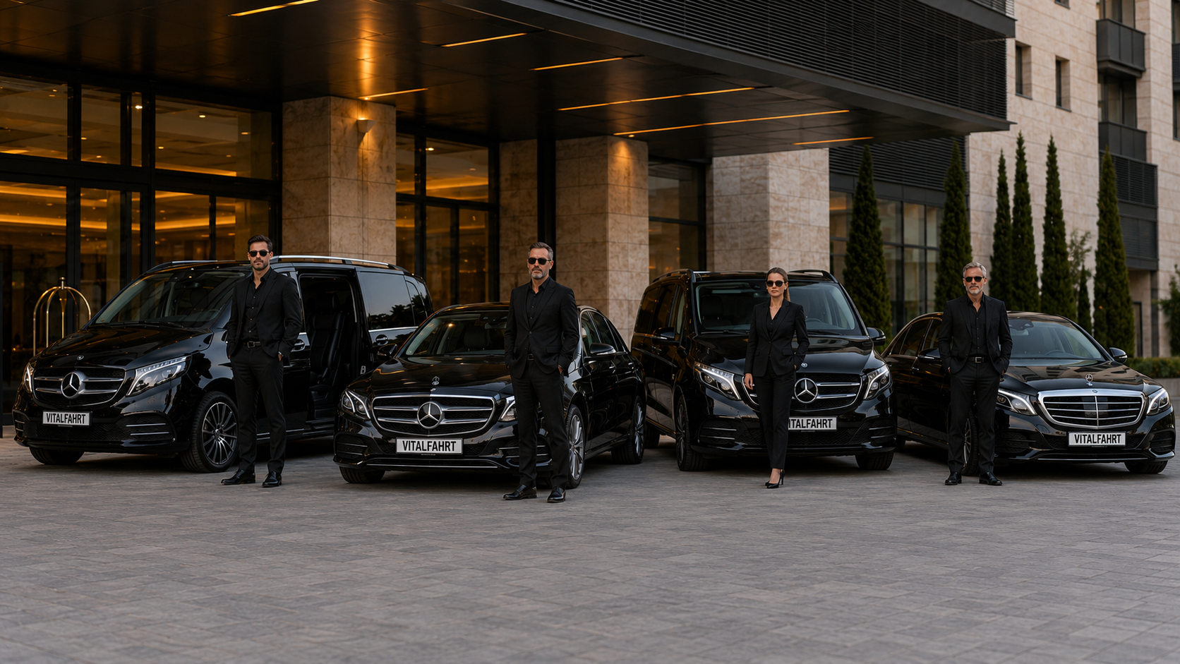 Fahrteam vor der schwarzen Mercedes-Flotte von Vitalfahrt